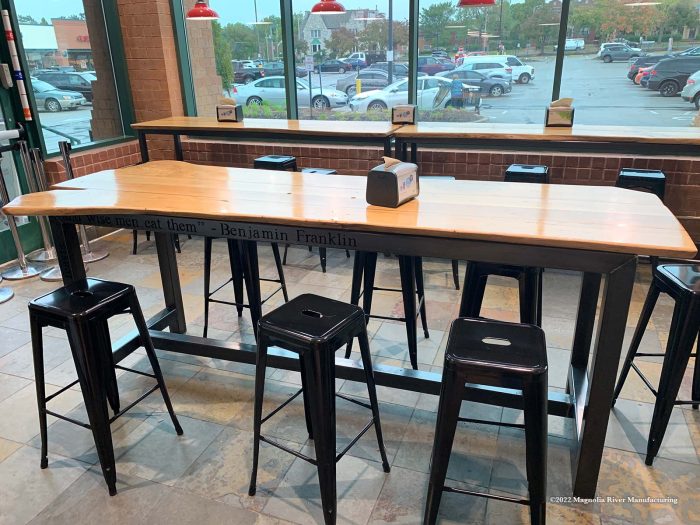 Café-height community table with stools