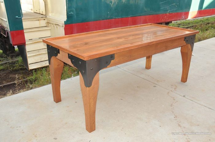 Community table with iron corner straps