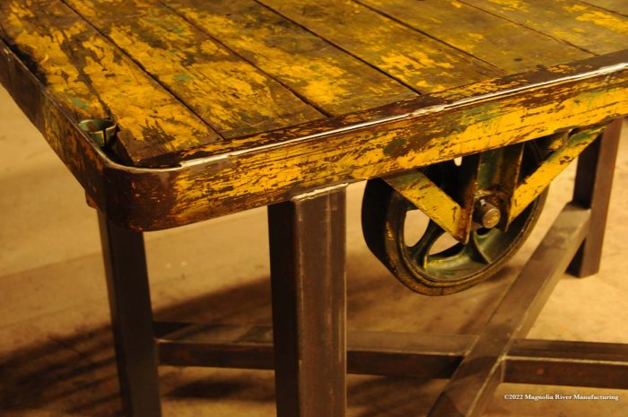 Industrial cart table, cast wheel detail